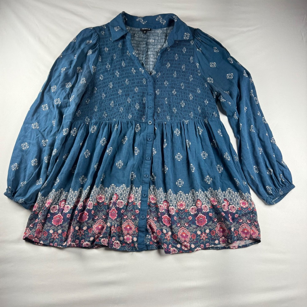 Torrid Blue Floral Smocked Babydoll‎ Top Long Sleeve Button Front Blouse 00